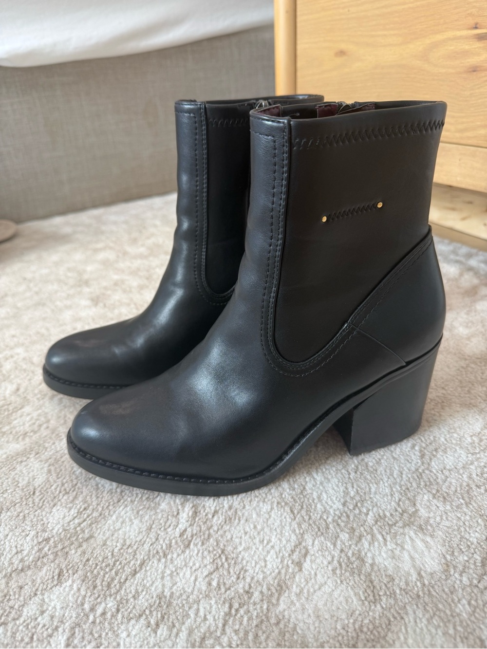 Franco Sarto Black Leather Ankle Boots with Block Heel